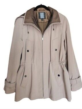 MISS GALLERY TAN WATER RESISTANT COAT JACKET REMOVABLE LINING & HOOD SIZE LARGE